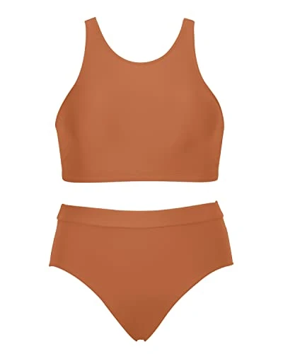High Neck Sporty Bikini Set 2 Piece Bathing Suits For Teen Girls-Brown - Image 4