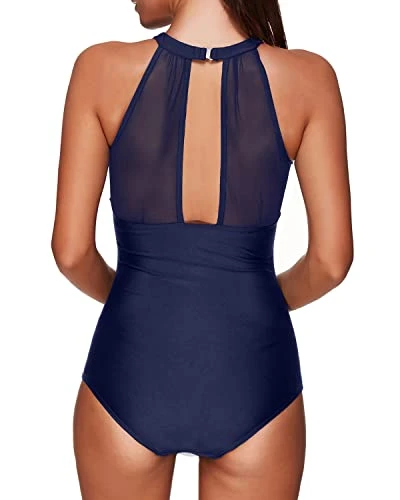 Women's High Neck Plunge Mesh Ruched One Piece Monokini Swimwear-Navy Blue - Image 2