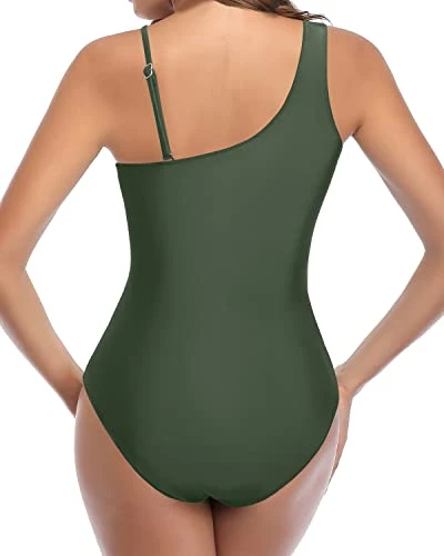 Sexy One Shoulder Cutout Mesh Tummy Control Swimsuits-Olive Green - Image 4
