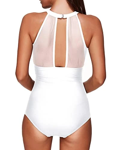 Stylish Tummy Control High Neck Ruched Mesh Monokini For Women-White - Image 2