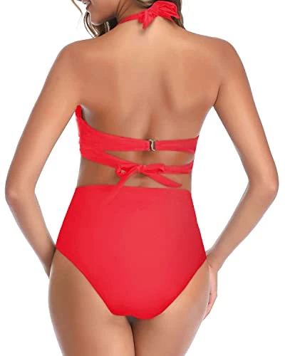 High Waisted Figure-Flattering Halter Push Up Bikini-Neon Red - Image 2