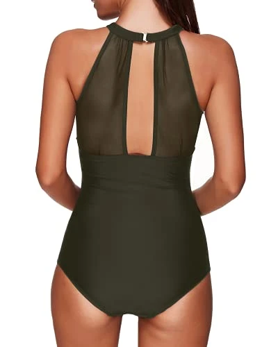Mesh One Piece Swimsuit High Neck And Ruched For Women-Army Green - Image 3