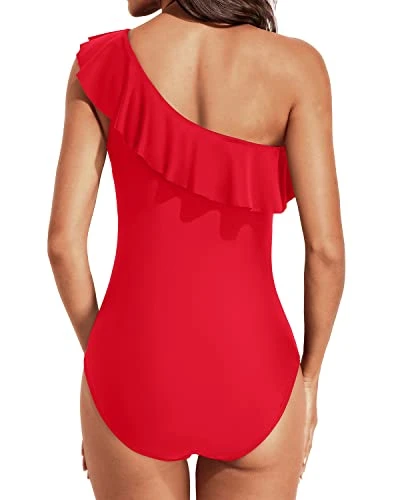 Ruched One Shoulder One Piece Swimsuits-Red - Image 2