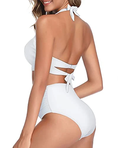 Two Piece Halter Ruched Highwaist Bikini Adjustable Straps Bathing Suit-White - Image 4