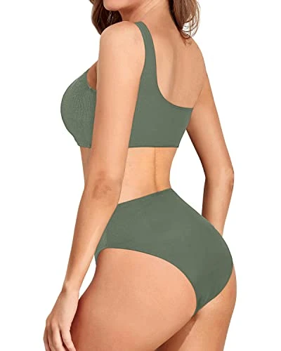 Women's High Cut One Shoulder Bikini High Waisted Bottom-Olive Green - Image 2