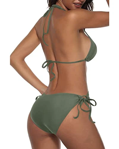 Halter Padded Top Tie Side Triangle Bikini Sets For Women-Olive Green - Image 3