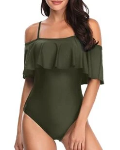 Vintage Off Shoulder Ruffled One Piece Swimsuit For Women-Army Green