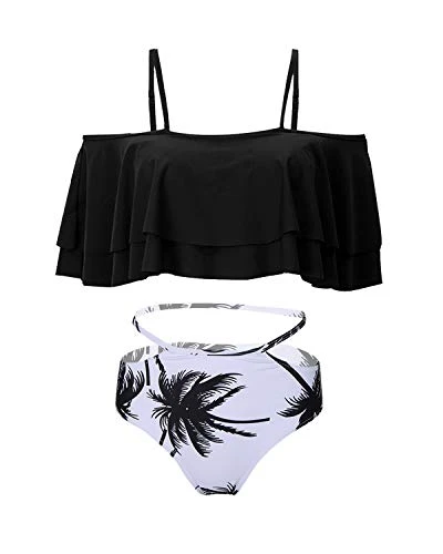 Tummy Control Bikini Set For Women Ruffle Off Shoulder Top-Black Palm Tree - Image 2