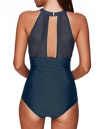 Mesh High Neck Plunge Women's One Piece Swimsuit-Blue - Image 2