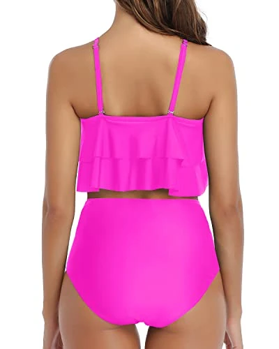 Figure Flattering Ruched High Waisted Bikini Set-Neon Pink - Image 4