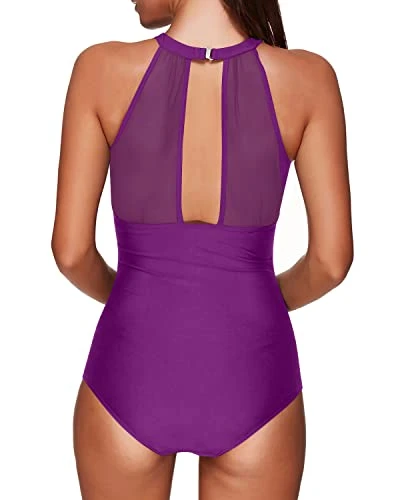 Women's Mesh Plunge Neckline Ruched Monokini One Piece Swimsuit-Purple - Image 2