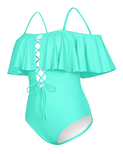 Gorgeous Lace-Up Flounce One Piece Swimsuit For Juniors-Aqua - Image 4
