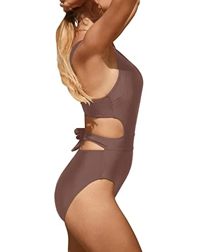 Stylish Teen Girls Tummy Control Cutout Monokini-Light Brown - Image 2