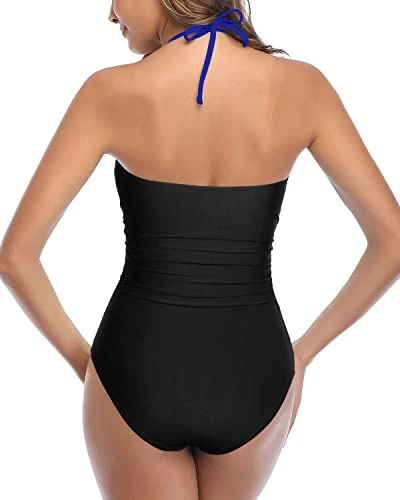 Stylish High Waisted One Piece Swimsuits Halter Backless One Piece Swimsuits-Royal Blue And Black - Image 2