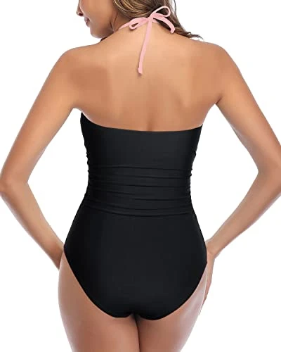Stylish High Waisted Halter Sexy Cutout One Piece Swimsuits-Pink And Black - Image 2