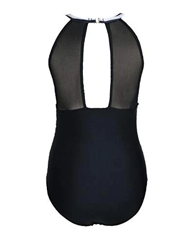 Alluring High Neck Mesh Women's Bathing Suit-Black And White Stripe - Image 4