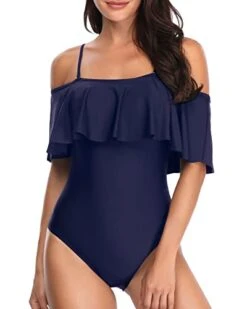 Women's One Piece Padded Ruffle Swimsuit-Navy Blue