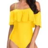 Vintage Off Shoulder Ruffled Bathing Suits Padded Bras-Neon Yellow
