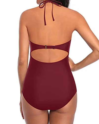 V Neck Open Back Monokini Halter One Piece Swimsuits-Maroon - Image 4