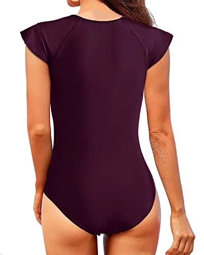 High Neck Zipper One Piece Short Sleeve Rash Guard For Women-Maroon - Image 2
