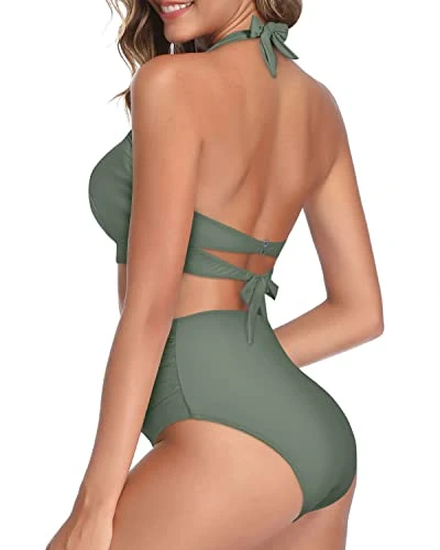 Trendy High Waist Swimsuit Two Piece Halter Bikini For Women-Army Green - Image 4