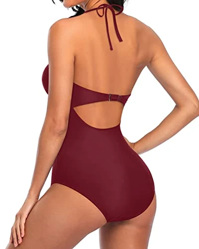 V Neck Open Back Monokini Halter One Piece Swimsuits-Maroon - Image 3