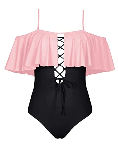 Flounce Strapless One Piece Suit For Juniors-Pink And Black - Image 3