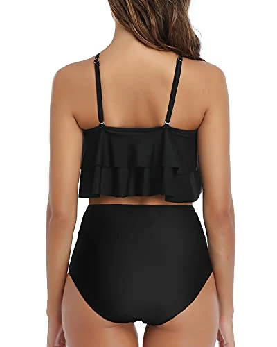 Adjustable Spaghetti Straps Bikini High Waisted Ruched Bottom-Black - Image 4
