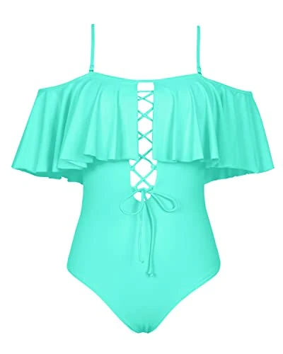 Gorgeous Lace-Up Flounce One Piece Swimsuit For Juniors-Aqua - Image 3