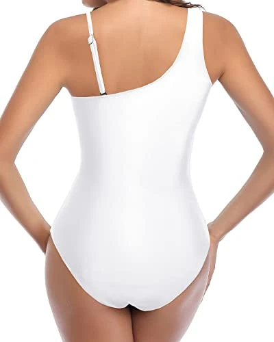 Women One Shoulder One Piece Mesh Tummy Control Swimsuits-White - Image 4