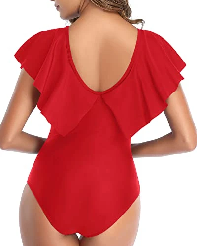 Ruffle Shoulders One Piece Swimsuit For Women-Red - Image 2