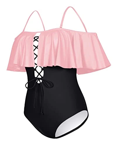 Flounce Strapless One Piece Suit For Juniors-Pink And Black - Image 4