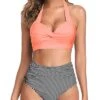 Figure-Flattering High Cut Legs Women's Bikini Swimsuits-Coral Pink Stripe