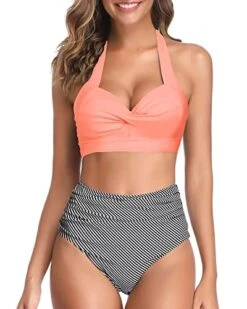 Figure-Flattering High Cut Legs Women's Bikini Swimsuits-Coral Pink Stripe