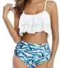 Flirty Ruffle High Waisted Ruched Women's 2 Piece Bikini Set-White Leaf