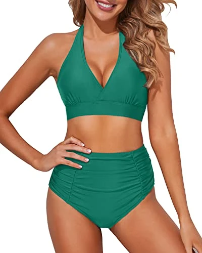 Trendy Halter Tummy Control Two Piece High Waisted Bikini-Teal
