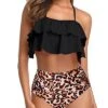 Two Piece Adorable Tiered Ruffle High Waisted Bikini Set For Girls-Black And Leopard