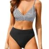 Stylish High Waisted Bikini Set Two Piece Triangle Bathing Suits-Black And White Stripe