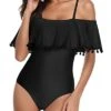 Tummy Control Off Shoulder Ruffled One Piece Swimsuit-Black