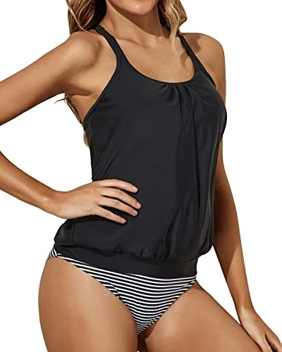 2 Piece Stylish Black Criss Cross Back Tankini Swimsuits-Black Stripe - Image 2