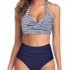 Two Piece Halter Ruched Highwaist Bikini Bathing Suit-Blue White Stripe