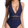 Alluring Deep V Neck Bathing Suit Monokini One Piece Swimsuits-Navy Blue