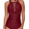 Flattering Tummy Control Plunge Neck Mesh One Piece Swimsuit For Women-Maroon