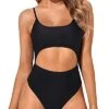 Cutout One Piece Swimsuit Lace Up High Cut Cutout Bathing Suits-Black