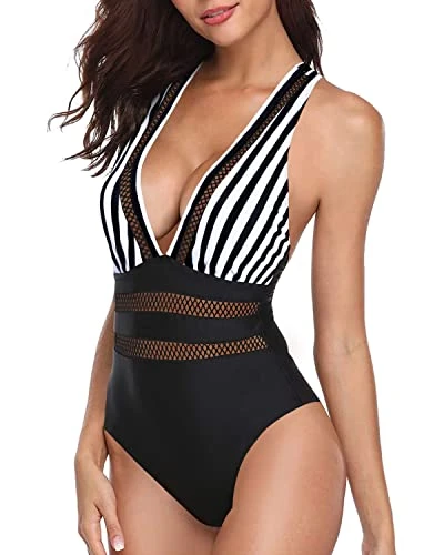 Curve-Contouring Criss-Cross Back Bathing Suit Monokini Swimsuits-Black And White Stripe - Image 3
