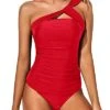 Women's Tankini Asymmetrical One Shoulder Top & Shorts-Red