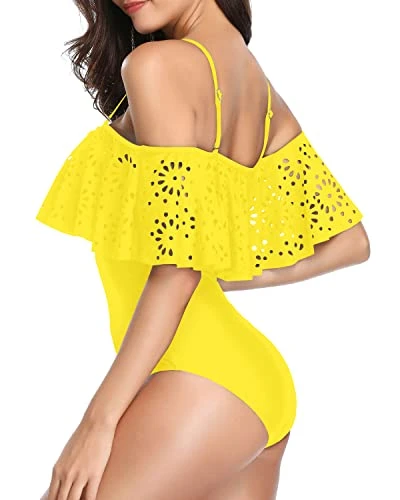 Lace Hollow Out Ruffle Flounce Off Shoulder 1 Piece Swimsuits For Women-Neon Yellow - Image 3