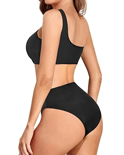 Women's One Shoulder High Waisted High Cut Bikini Set-Black - Image 2