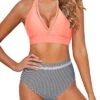 Women's Bikini Sets Halter Padded Bra Two Piece Swimsuits-Coral Pink Stripe