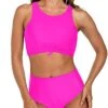 Vintage High Waisted Bikini Set Sporty Two Piece Swimsuits-Neon Pink